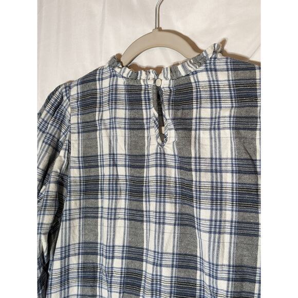 Universal Thread Plaid Flannel Shirt Medium Blue Gray Ruffle Neck Long Sleeves - Picture 3 of 9
